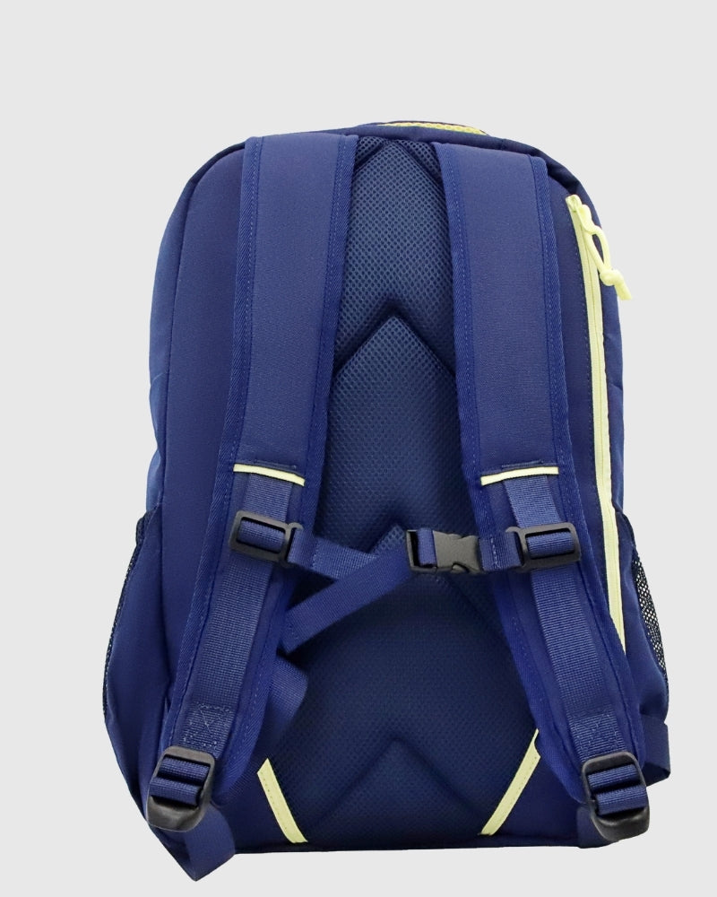 Blue (R)evolution™ 25L Transit Pack (Back): Navy backpack rear view with padded straps, sternum buckle, yellow zipper accents