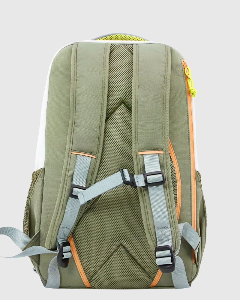 Olive (R)evolution™ 25L Transit Pack (Back): Olive mesh back panel with padded shoulder straps, sternum buckle, orange accents