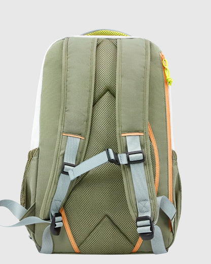 Olive (R)evolution™ 25L Transit Pack (Back): Olive mesh back panel with padded shoulder straps, sternum buckle, orange accents