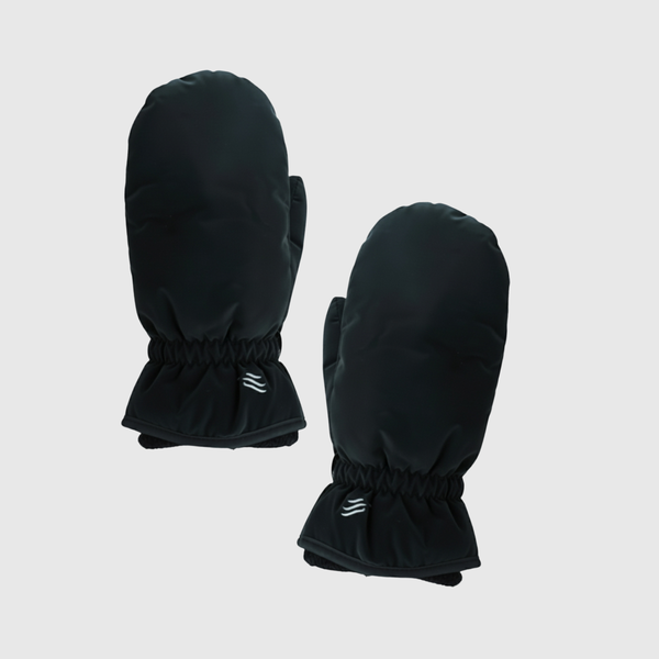 Black THE EXTREME WEATHER 2 PACK WATERPROOF PLUSH LINED MITTEN AND KNIT GLOVE 2 PACK (Angle): Pair of black puffer mittens with elastic wrists and small logo