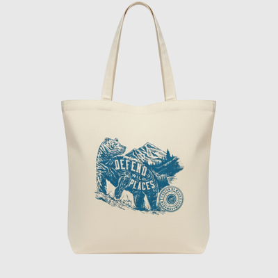 Defend Wild Places My Favorite Daily Tote (Front): Natural canvas tote with blue bear and mountain wilderness graphic on front