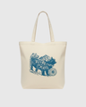 Defend Wild Places My Favorite Daily Tote (Front): Cream canvas tote with blue bear and mountain wilderness graphic on front