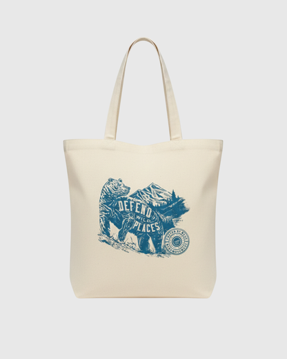 Defend Wild Places My Favorite Daily Tote (Front): Natural canvas tote with blue bear and mountain wilderness graphic, two handles