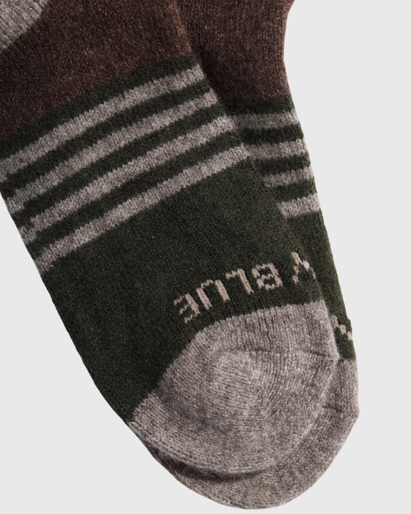 Brown Yak Wool - Ultimate Full Cushion Boot Sock (Detail): Close-up of toe and foot showing dark green stripes, brown cuff, gray heel and toe reinforcement, brand logo knitted in