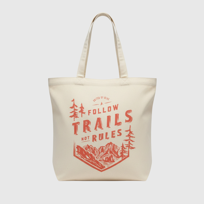 Follow Trails Not Rules My Favorite Daily Tote (Front): Cream canvas tote with red mountain and pine tree graphic print