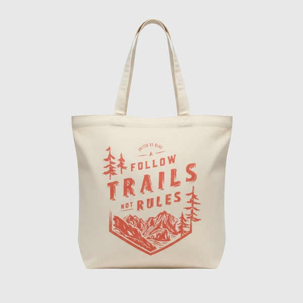 Follow Trails Not Rules My Favorite Daily Tote (Front): Cream canvas tote with red mountain and pine tree graphic print