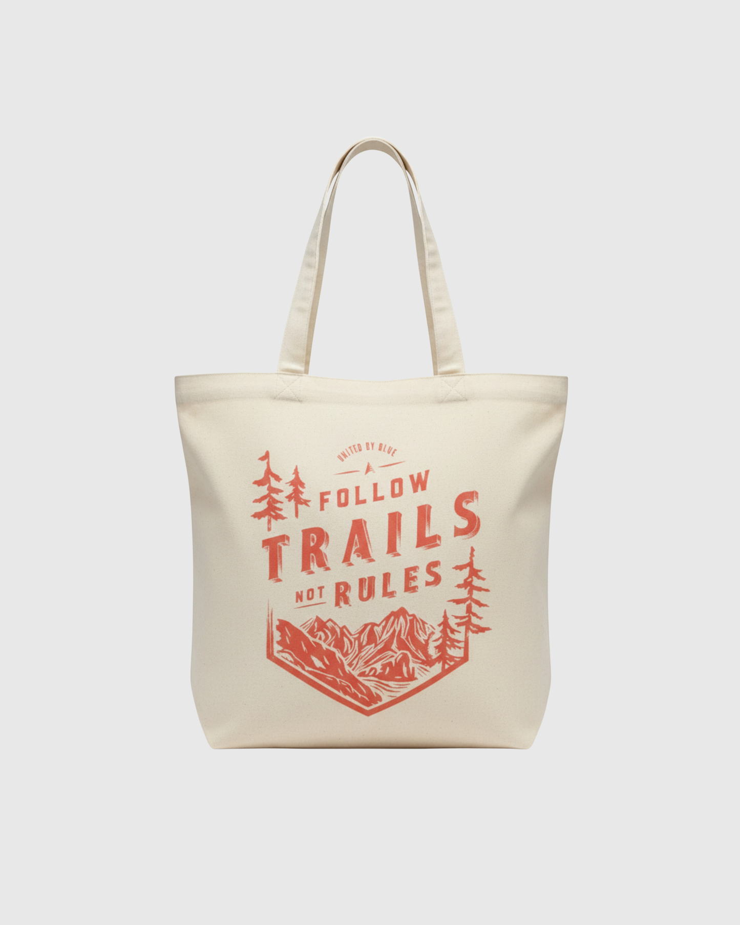 Follow Trails Not Rules My Favorite Daily Tote (Front): Cream canvas tote with red mountain and pine tree graphic print