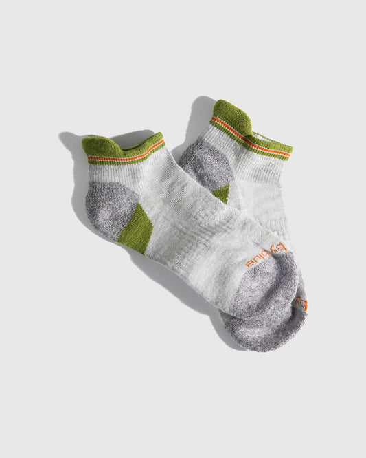 Grey Stripe Merino Wool - Low Cut Sock (Flat-lay): Paired ankle socks, light grey with olive green and orange stripe accents