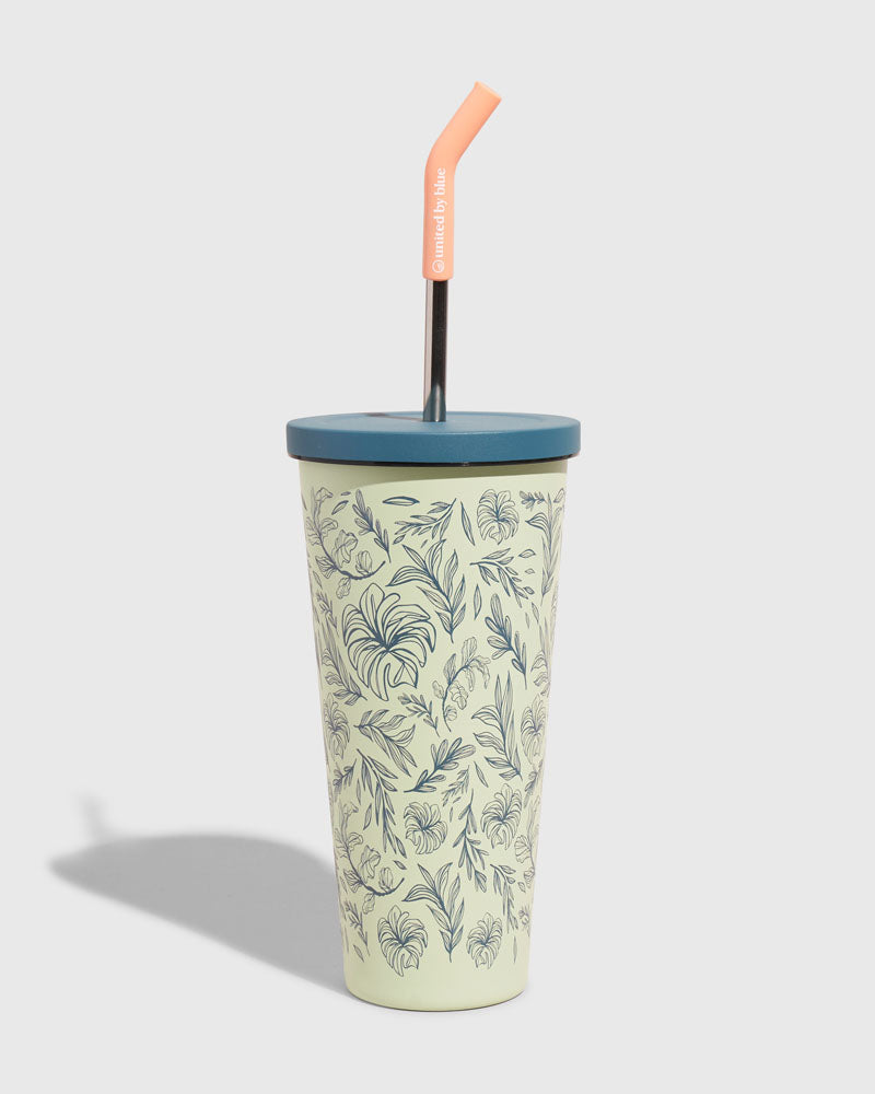 Seafoam 24 oz Insulated Steel Straw Tumbler (Front): Light green tumbler with blue botanical print, teal lid, peach straw