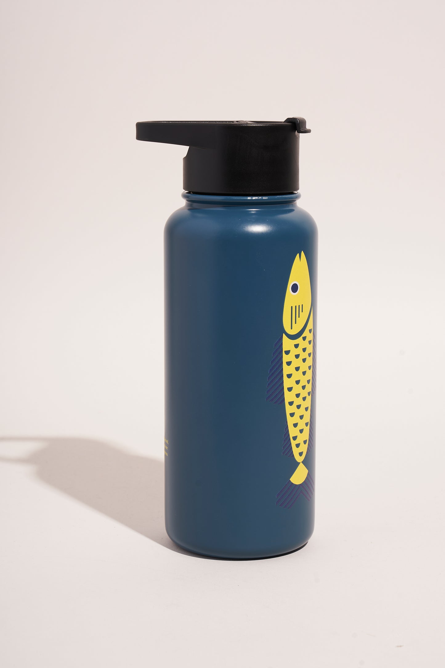 Rainstorm - Fish Bottle - 23 Oz. Insulated Stainless Steel (Angle): Teal steel bottle with yellow illustrated fish graphic, black twist lid