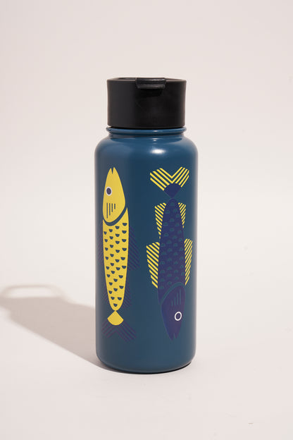 Rainstorm - Fish Bottle - 23 Oz. Insulated Stainless Steel (Front): Teal steel bottle with yellow and navy geometric fish illustrations, black lid