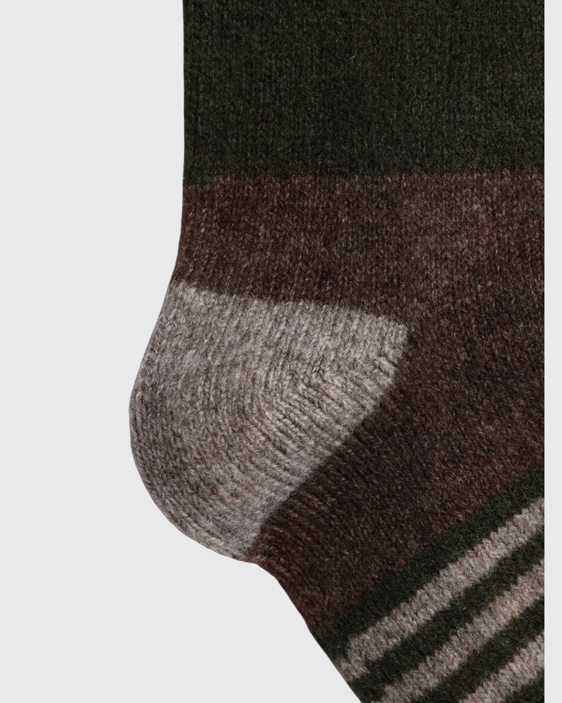 Brown Yak Wool - Ultimate Full Cushion Boot Sock (Detail): Close-up of heel area showing dark green, brown, and grey stripes
