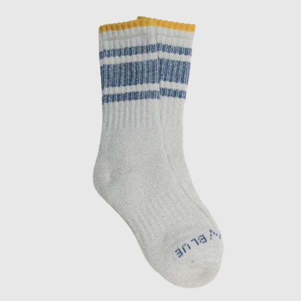 Teal The Hemp Yarn Varsity Hiker Full Cushion Boot Sock (Angle): Light grey ribbed sock with blue stripes and mustard yellow cuff