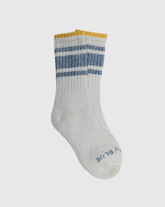 Teal The Hemp Yarn Varsity Hiker Full Cushion Boot Sock (Angle): Light grey ribbed crew sock with blue stripes and mustard cuff