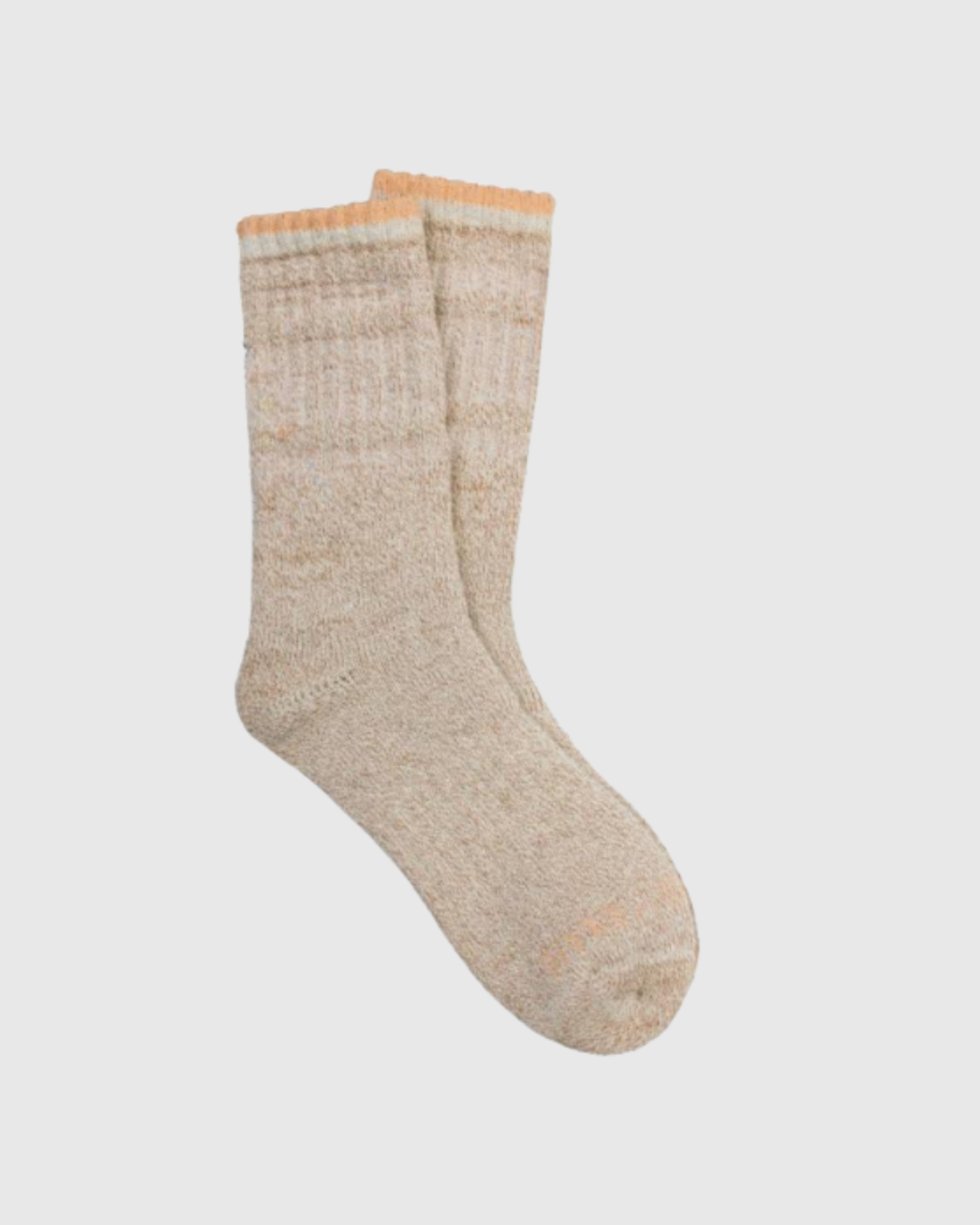Camel The Hemp Yarn Varsity Hiker Full Cushion Boot Sock (Angle): Pair of heathered tan crew socks with orange striped cuff