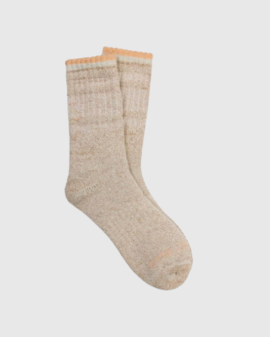 Camel The Hemp Yarn Varsity Hiker Full Cushion Boot Sock (Angle): Pair of heathered tan crew socks with orange striped cuff