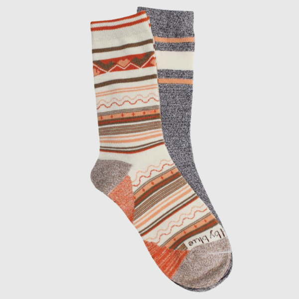 S/M The Soft Hemp Aztec Crew Sock - 2 Pack (Angle): Two mismatched crew socks: cream Aztec-striped and heathered gray with orange stripes