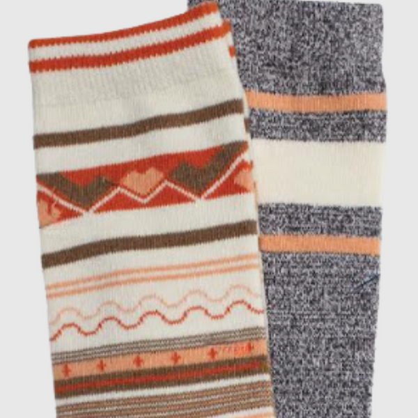 M/L The Soft Hemp Aztec Crew Sock - 2 Pack (Detail): Two socks: cream Aztec print with orange and brown, gray marl with stripes