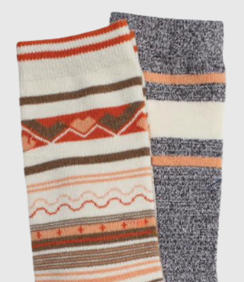 M/L The Soft Hemp Aztec Crew Sock - 2 Pack (Detail): Two folded socks: cream Aztec print and heathered gray with orange stripes