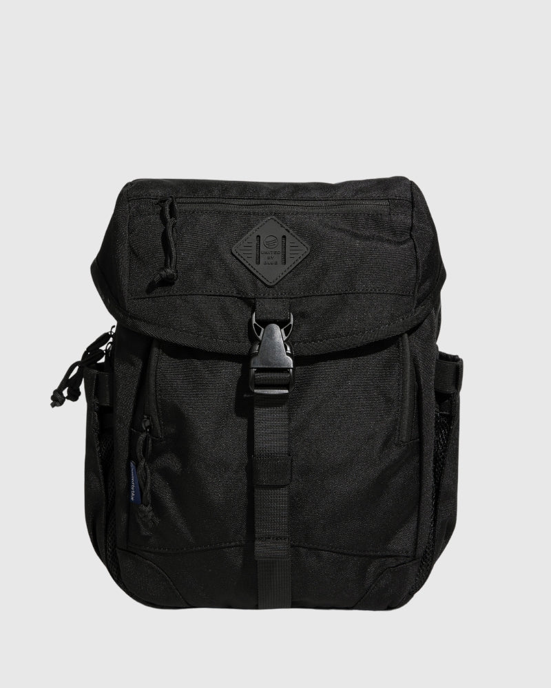Black (R)evolution™ 9L Sidekick (Front): Black nylon pack with flap closure, buckle strap, and side mesh pocket