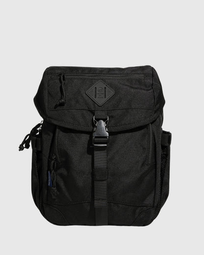Black (R)evolution™ 9L Sidekick (Front): Black nylon pack with flap closure, buckle strap, and side mesh pocket