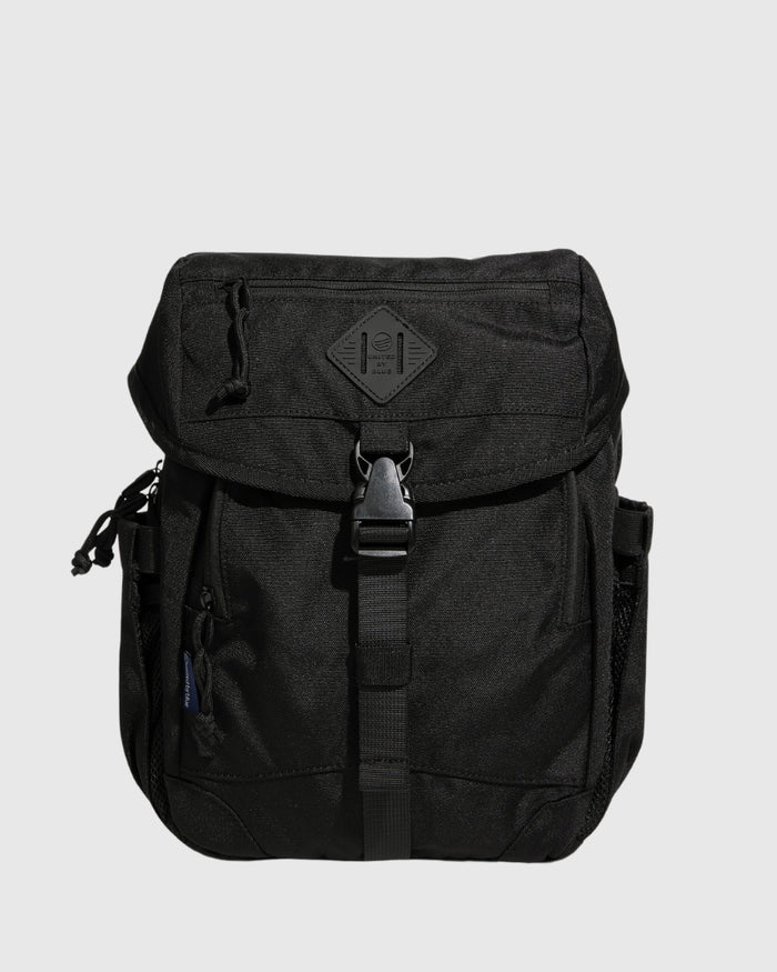 Black (R)evolution™ 9L Sidekick (Front): Black nylon pack with flap closure, buckle strap, and side mesh pocket