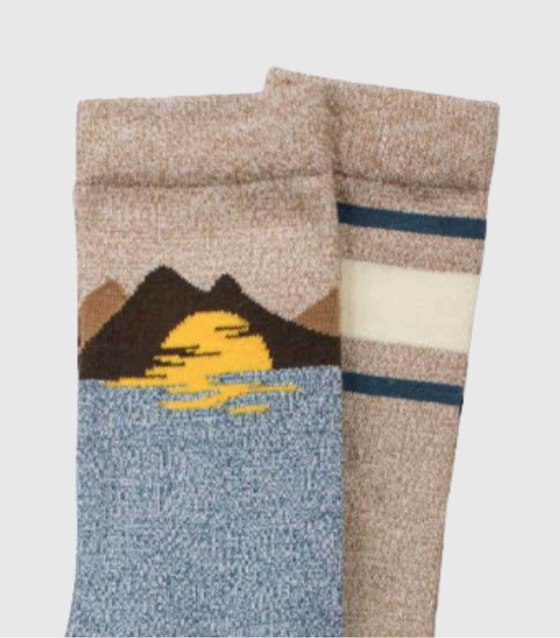 The Soft Hemp Mountain Crew Sock - 2 Pack (Detail): Two crew socks: mountain sunset design and tan with blue stripes