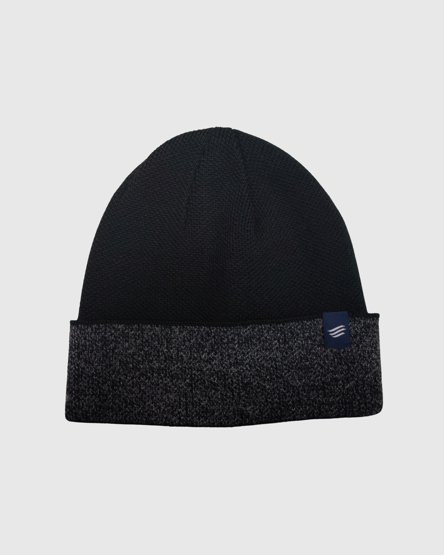 Black The Essential Merino Marled Beanie (Front): Black knit beanie with marled grey cuff and small navy logo patch