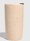 Shortbread-Knit 10 oz. Insulated Stoneware Travel Mug (Front): Cream speckled cylindrical mug with knit texture embossing and black lid clip