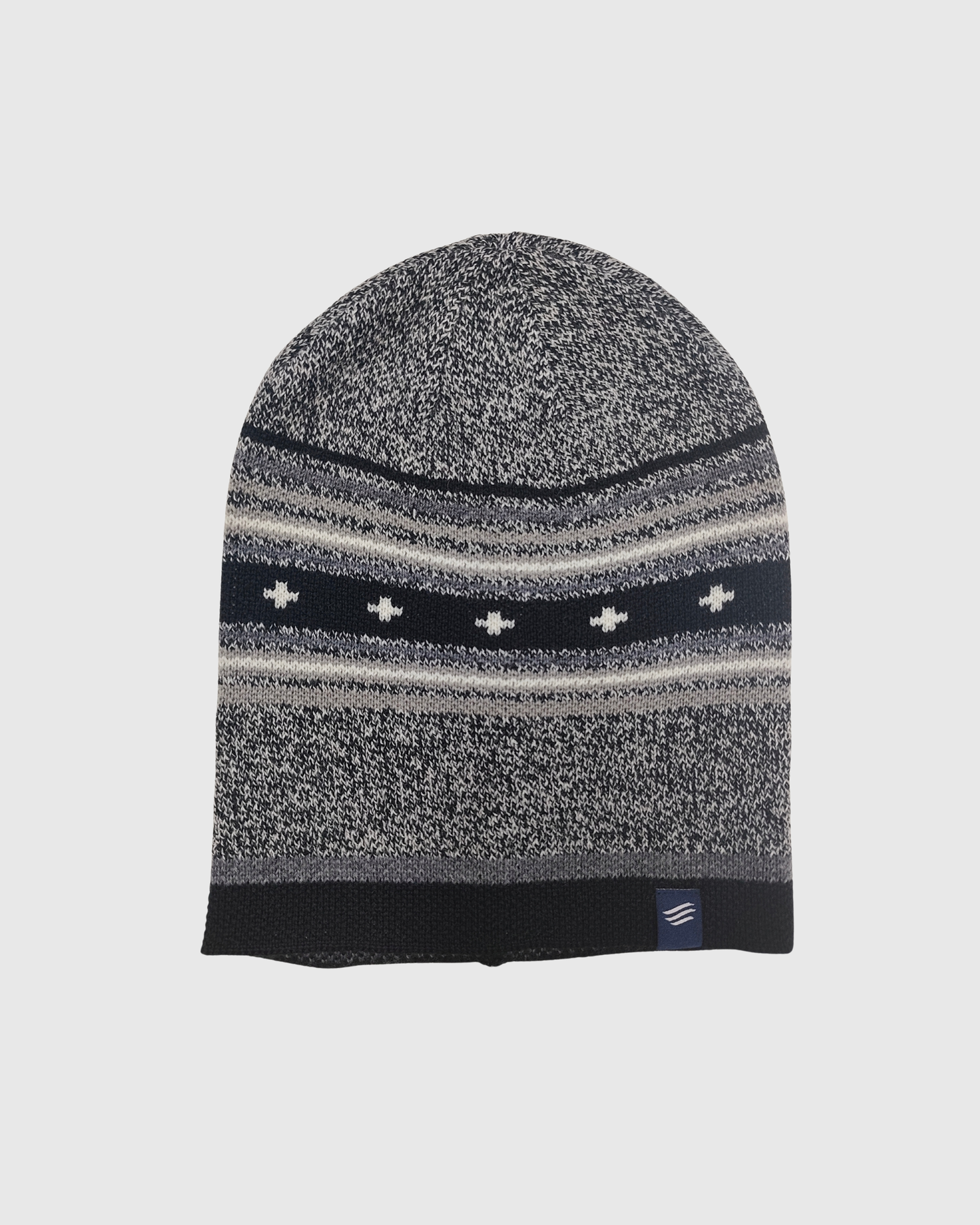 Black Merino Wool Slouchy Modern Fair Isle Beanie (Front): Dark knit beanie with Fair Isle stripes, cross motifs, and small logo patch