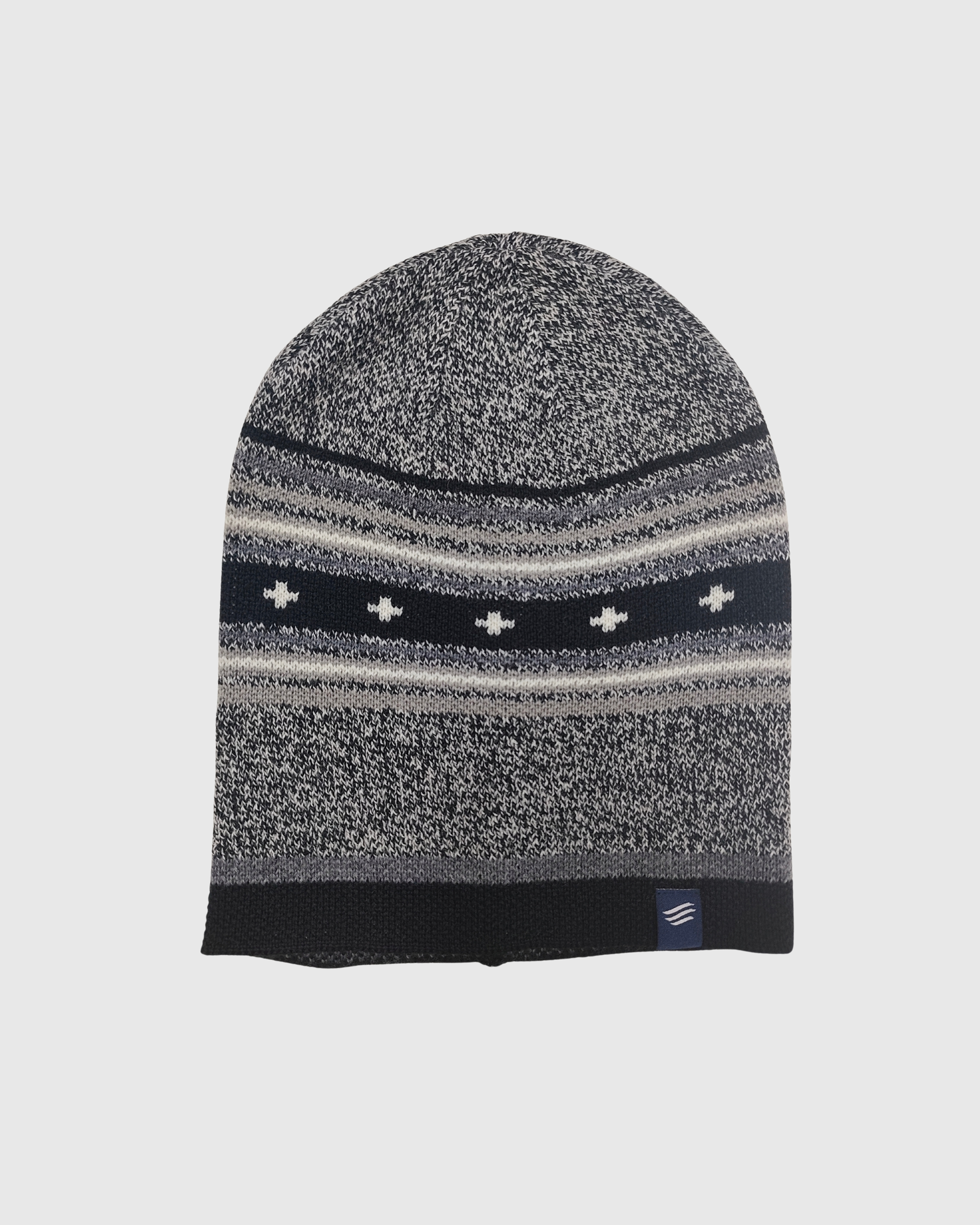 Black Merino Wool Slouchy Modern Fair Isle Beanie (Front): Dark knit beanie with Fair Isle stripes, cross motifs, and small logo patch