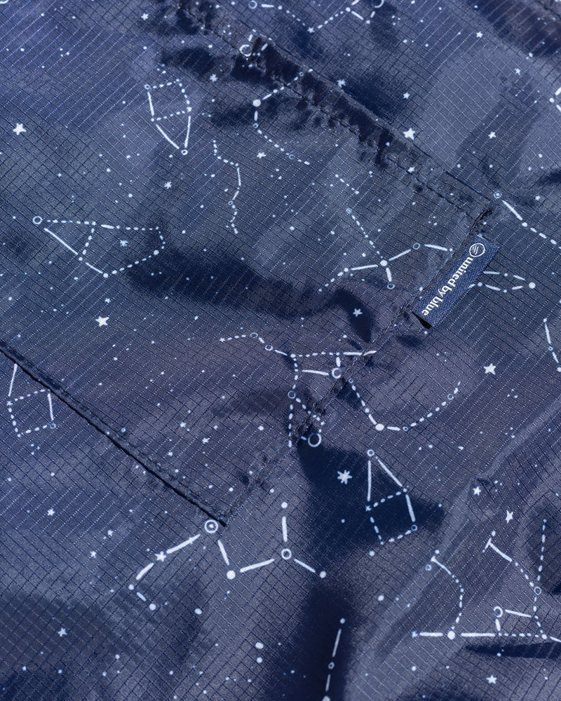 Night Sky The Packable Tote (Detail): Close-up of navy blue fabric printed with white constellation star maps
