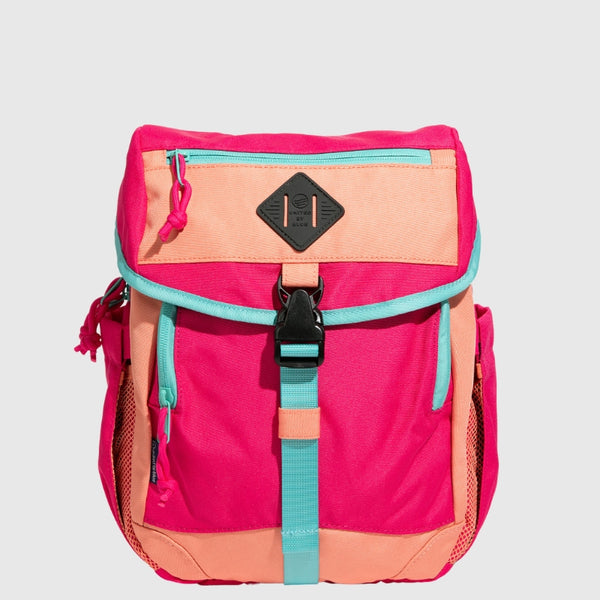 Pink (R)evolution™ 9L Sidekick (Front): Hot pink and peach backpack with teal trim, buckle strap, mesh sides
