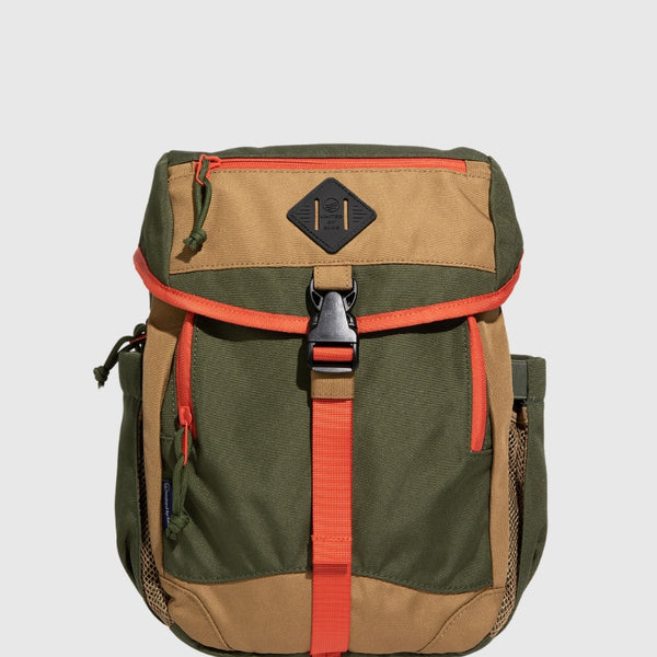 Olive (R)evolution™ 9L Sidekick (Front): Olive and tan backpack with orange zippers, buckle strap, and diamond logo patch