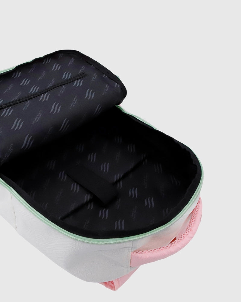 Light Pink (R)evolution™ 25L Transit Pack (Detail): Open backpack interior showing black lining, zipper pocket, and divider panel