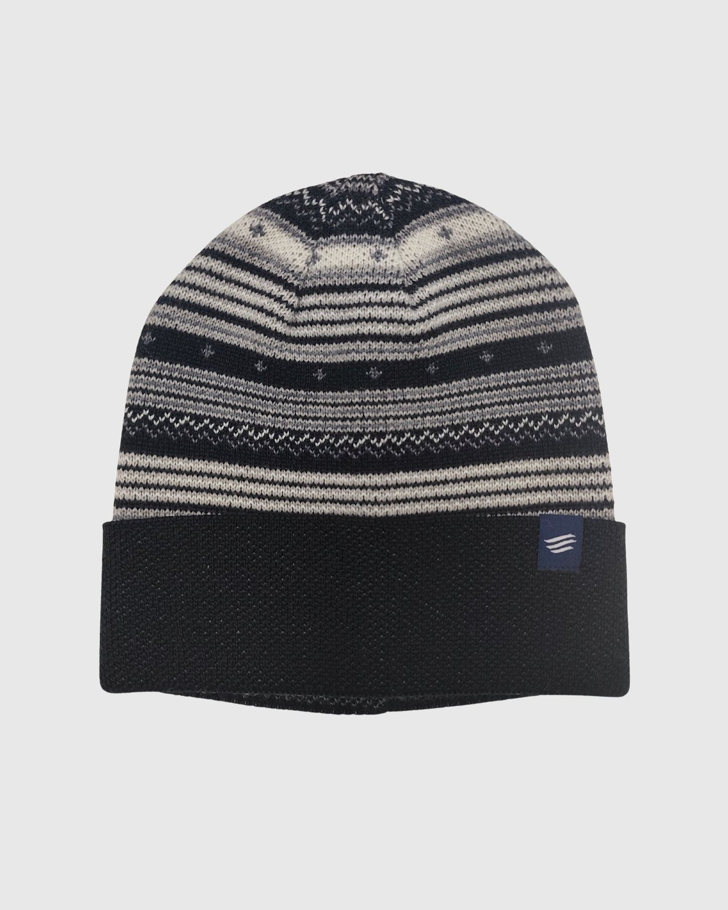 Black Multi Merino Wool Modern Fair Isle Knit Beanie (Front): Cream and navy Fair Isle striped knit beanie with black folded cuff