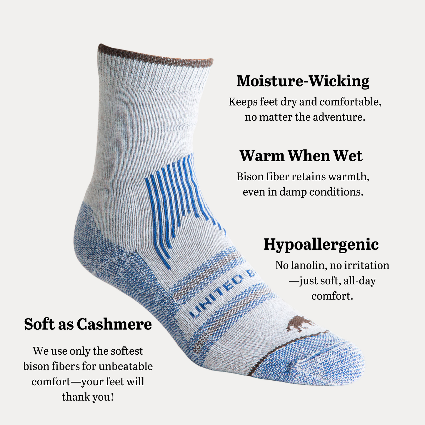 Blue Bison Wool Trail Sock (Angle): Gray ankle sock with blue accents, stripe pattern, and bison logo on toe