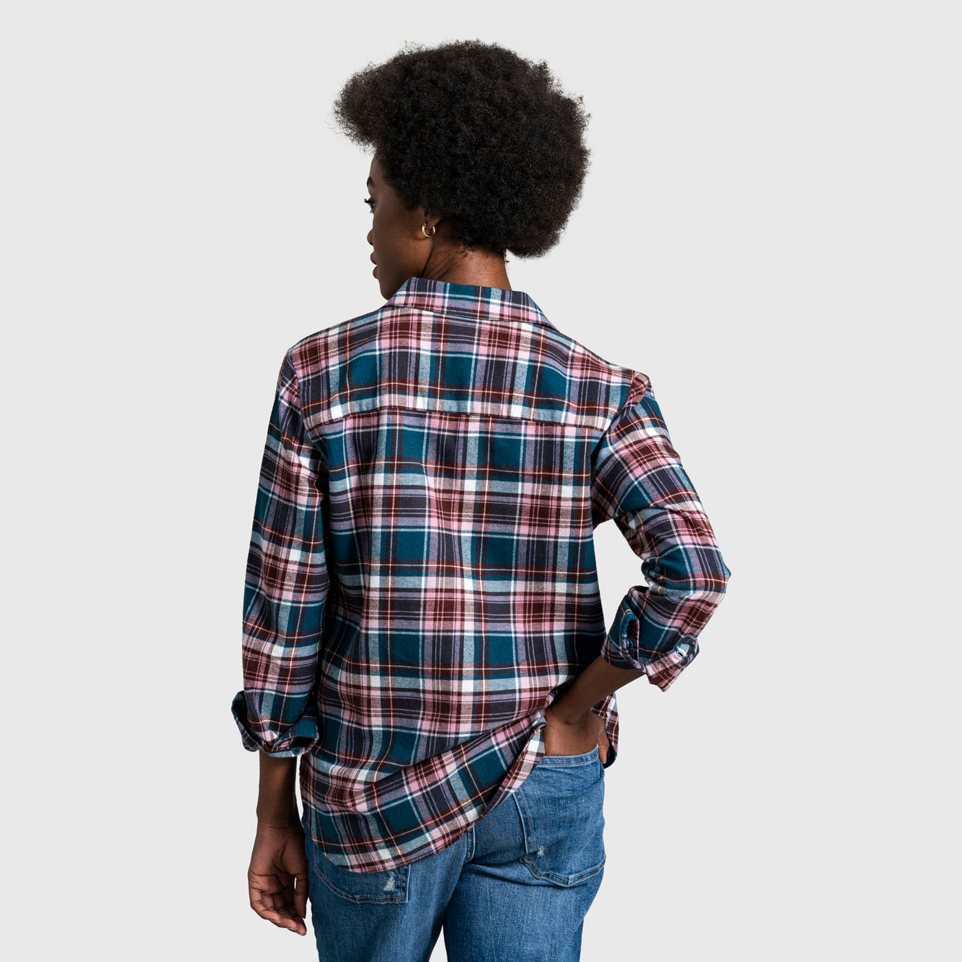 Legion Blue The Responsible Flannel - Impact Collection (Back): Back view of teal, pink, and navy plaid flannel shirt with rolled sleeves