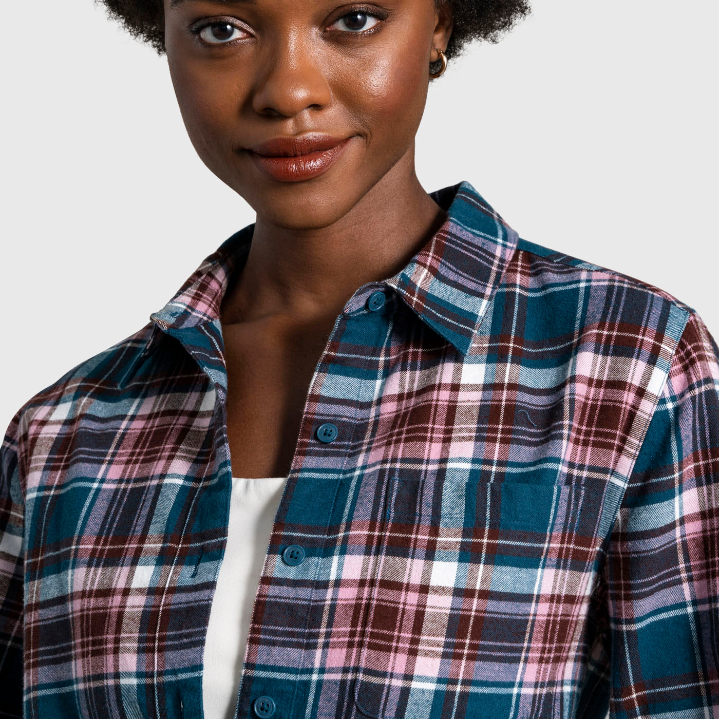 Rhododendron The Responsible Flannel - Impact Collection (Detail): Close-up of teal, pink, and dark red plaid flannel shirt on model