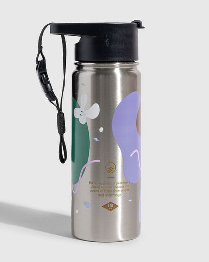 Illuminate Insulated Steel Bottle 32 Oz. (Angle): Silver stainless bottle with purple, green, white floral print and black lid