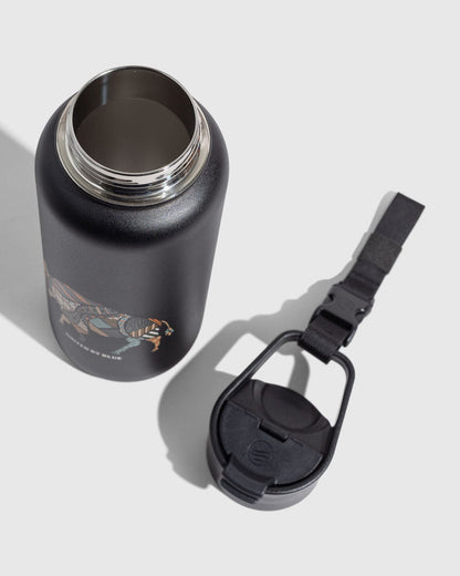 Black - Ink Bottle - 23 Oz. Insulated Stainless Steel (Detail): Matte black steel bottle open, lid with carabiner clip and strap beside