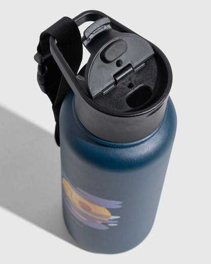 Illuminate Bottle - 23 Oz. Insulated Stainless Steel (Detail): Dark teal bottle top view with black flip-top lid and carry strap