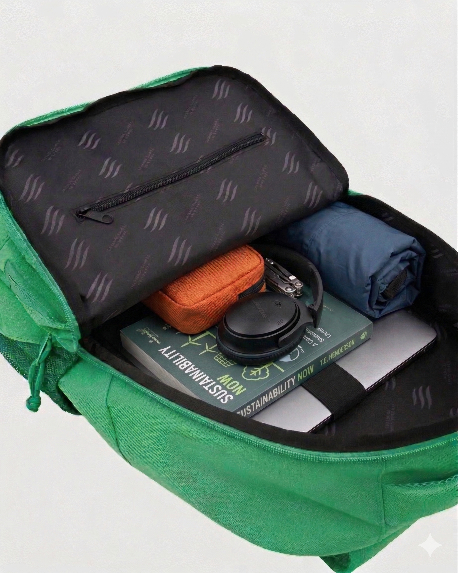 Bright Green (R)evolution™ 25L Transit Pack (Detail): Open bright green backpack interior showing books, headphones, pouch, laptop, and rolled jacket