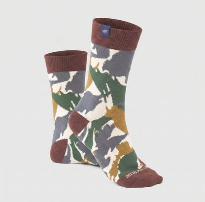Mahogany IMPACT COLLECTION - Hemp Blend Socks (Angle): Crew socks with camouflage print in gray, green, gold, and white, dark red cuffs, heel, and toe