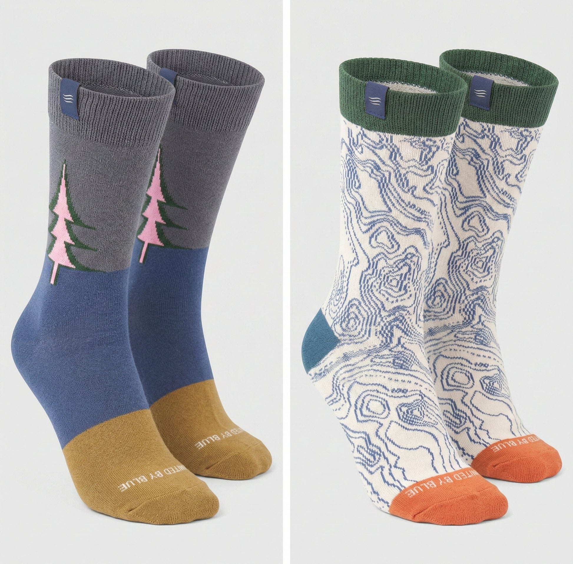 IMPACT COLLECTION - Hemp Blend Socks (Angle): Two sock pairs: grey-blue pine tree print and cream topographic map pattern