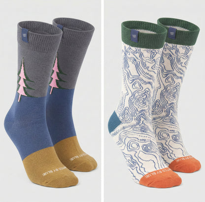 IMPACT COLLECTION - Hemp Blend Socks (Angle): Two sock pairs: grey-blue pine tree print and cream topographic map pattern