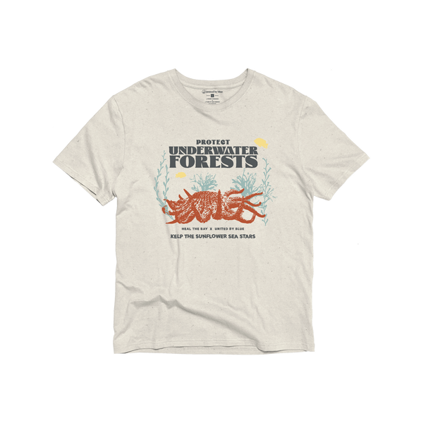 XS Heal the Bay x UBB Protect Our Underwater Forests - Graphic Tee - (All-gender) (Flat-lay): Cream tee with coral sea stars, teal seaweed, and conservation text graphic
