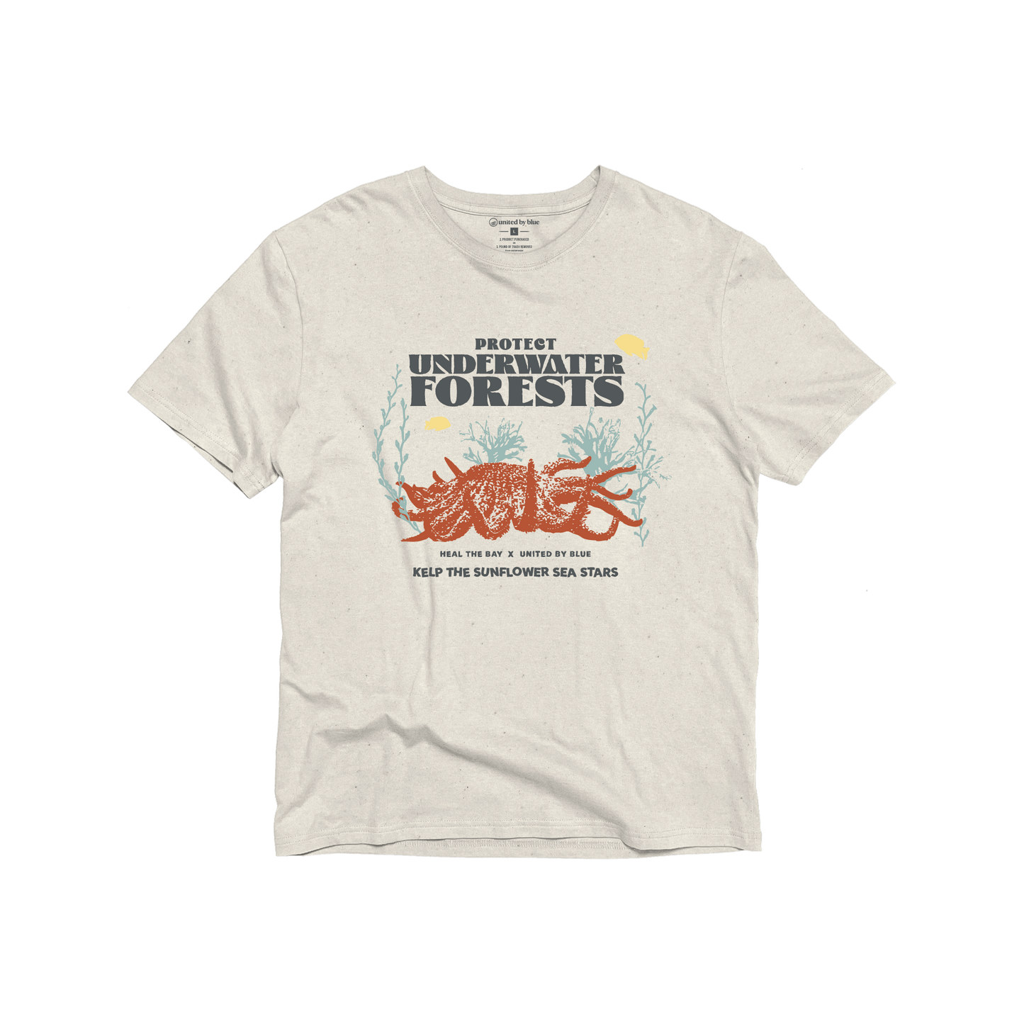 XS Heal the Bay x UBB Protect Our Underwater Forests - Graphic Tee - (All-gender) (Flat-lay): Cream tee with ocean graphic, starfish, kelp, and conservation text print