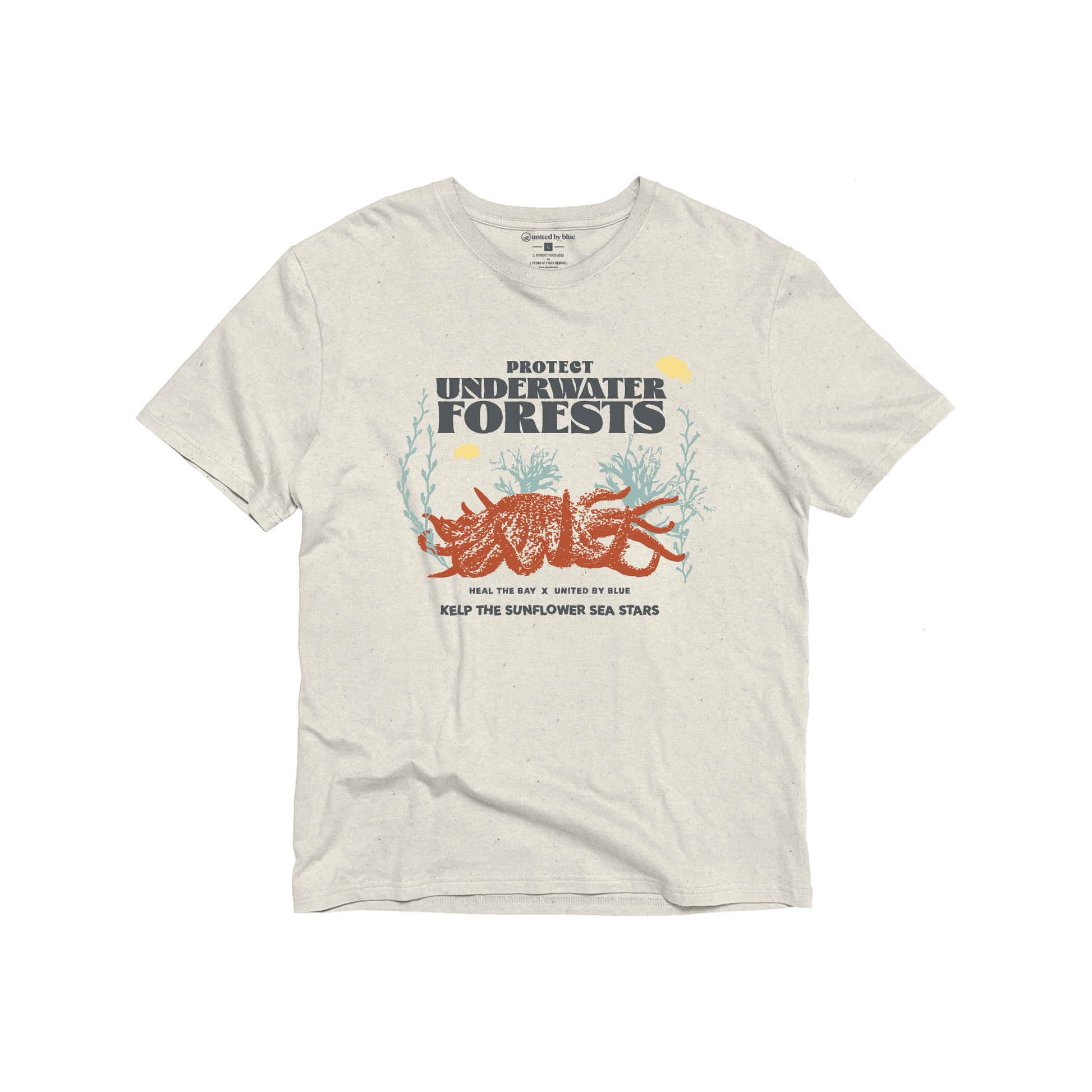 XS Heal the Bay x UBB Protect Our Underwater Forests - Graphic Tee - (All-gender) (Flat-lay): Cream tee with ocean graphic, starfish, kelp, and conservation text print