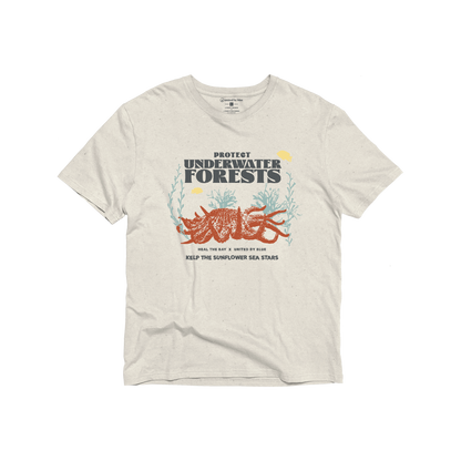 XS Heal the Bay x UBB Protect Our Underwater Forests - Graphic Tee - (All-gender) (Flat-lay): Cream tee with ocean graphic, starfish, kelp, and conservation text print